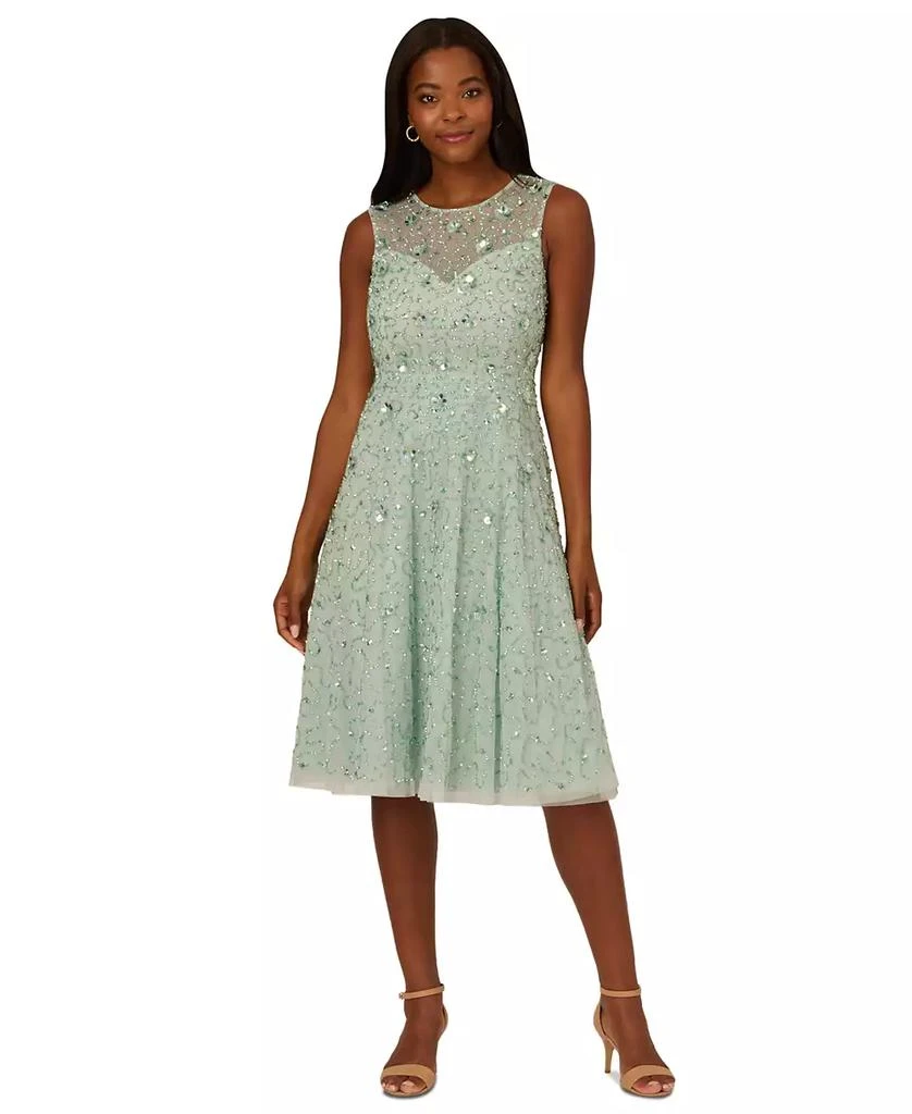 adrianna papell women's beaded mesh midi dress Beaded Ankle Length Dress With Sheer Flutter Sleeves In Moonscape main image 0