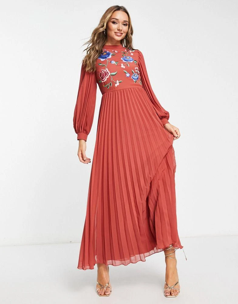 ASOS DESIGN ASOS DESIGN high neck pleated embroidery maxi dress in rust 1