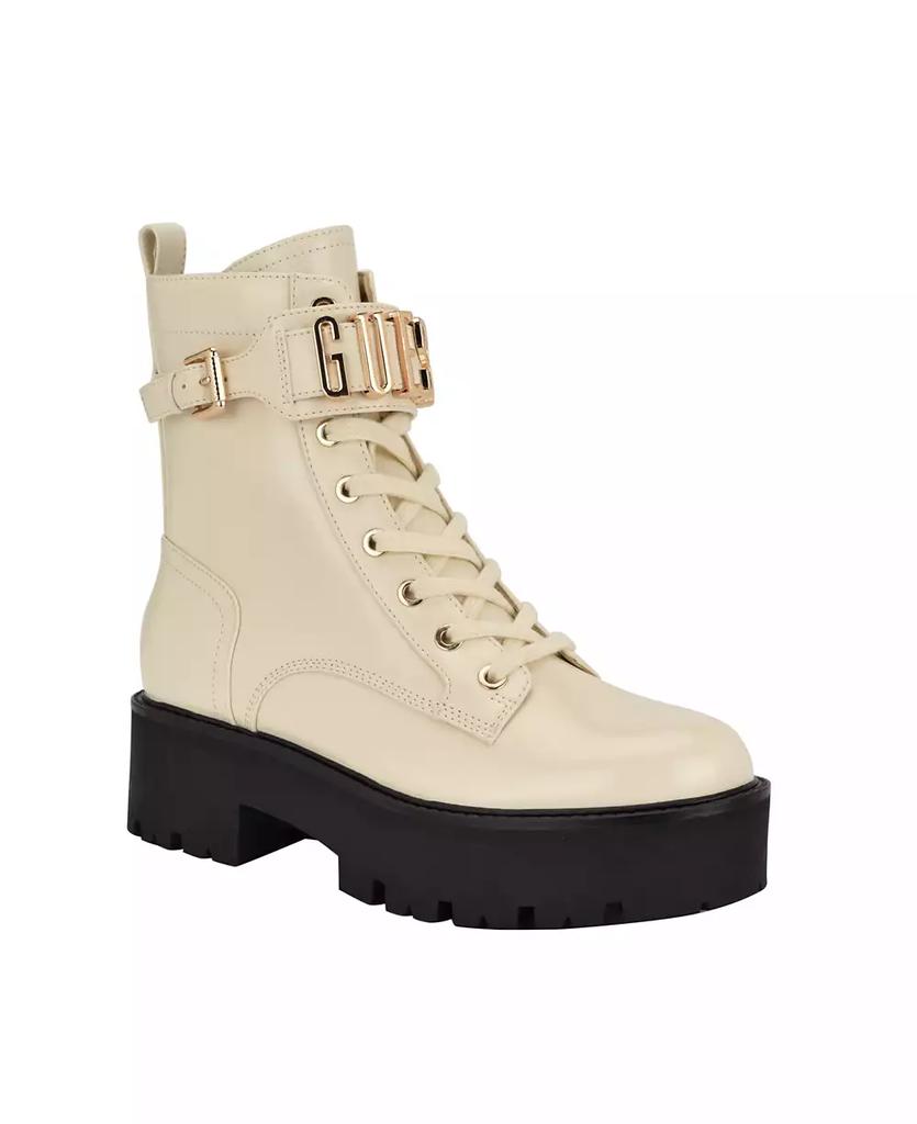 GUESS Women's Vaires Lug Sole Cuff Lace Up Logo Plated Combat Booties