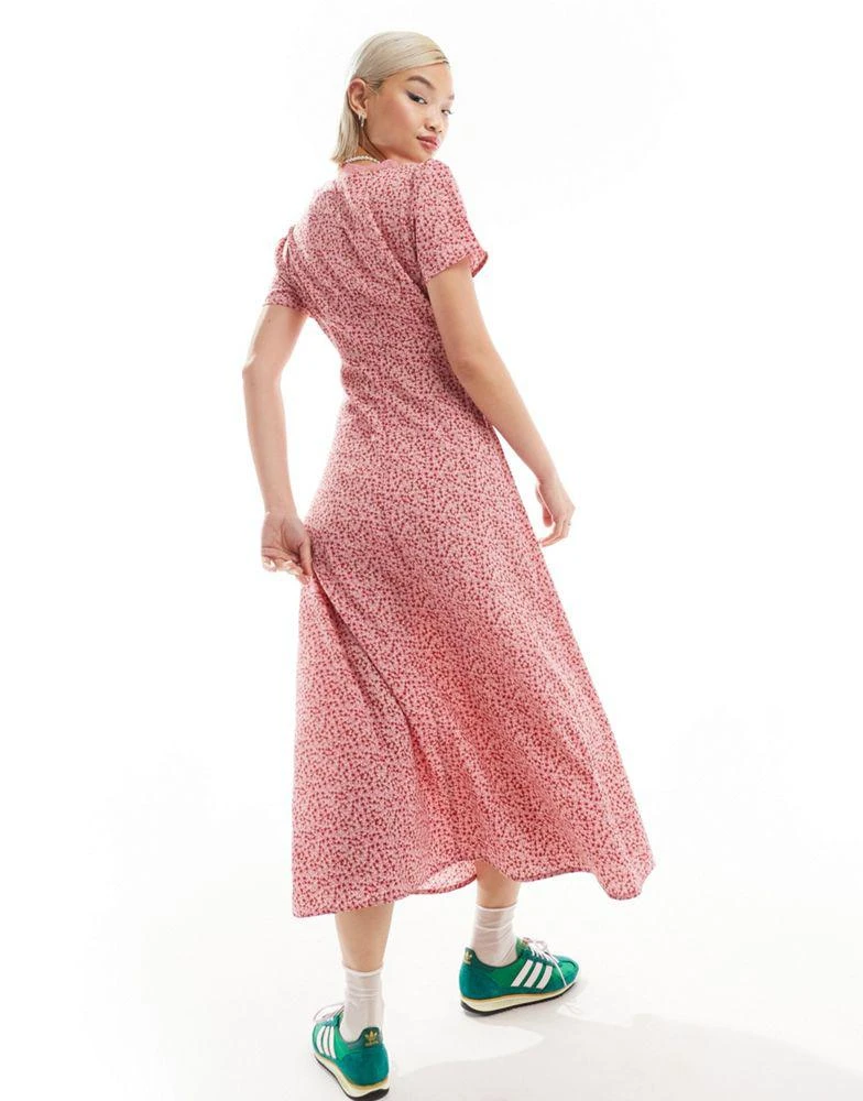 Glamorous Glamorous v neck lace trim midi tea dress in pink ditsy floral 4