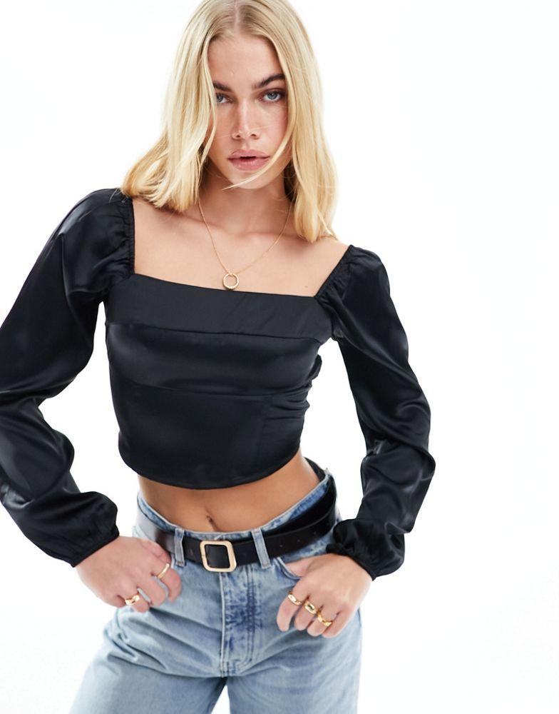 Hollister Hollister satin long sleeve top with square neckline in black