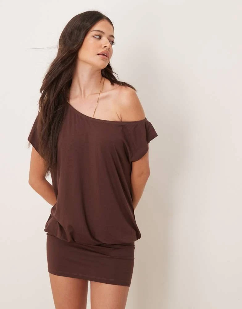 ASOS ASOS DESIGN off shoulder short sleeve slouchy mini dress in brown 1