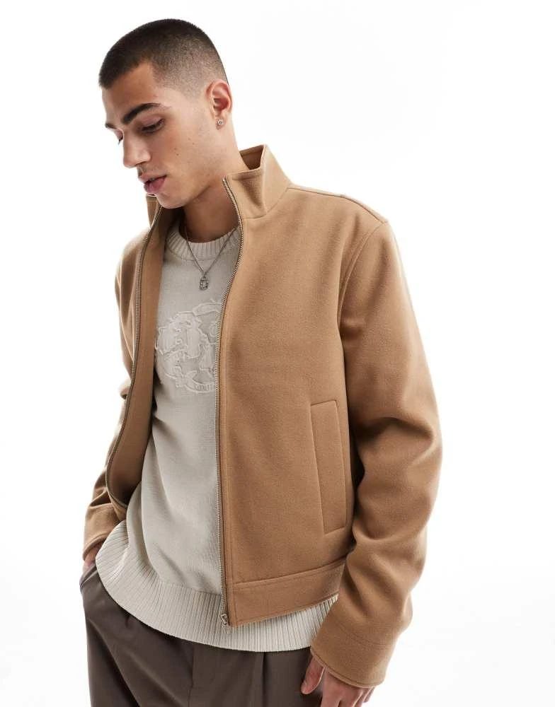 Shop ASOS DESIGN wool look harrington jacket with funnel neck in