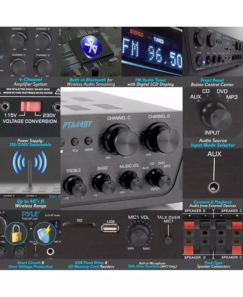 Pyle Bluetooth Home Audio Amplifier, 4-Ch. Audio Source Stereo Receiver System with FM Radio, MP3/USB/SD/AUX Playback (500W MAX) 3