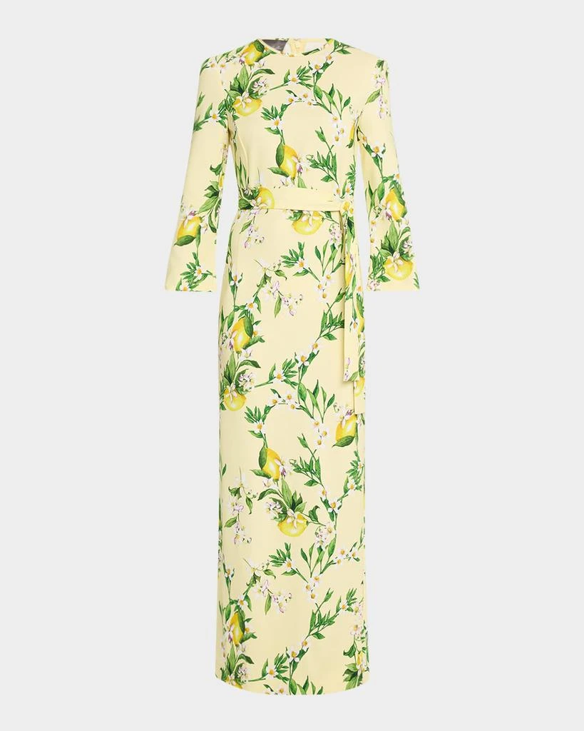 Monique Lhuillier Lemon-Print Bracelet-Sleeve Sheath Maxi Dress 1