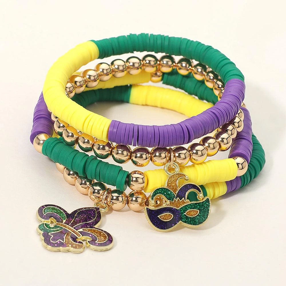 FASHNZFAB 4PCS - Mardi Gras Fleur de Lis Eye Mask Charm Heishi Beaded Stretch Multi Layered Bracelets