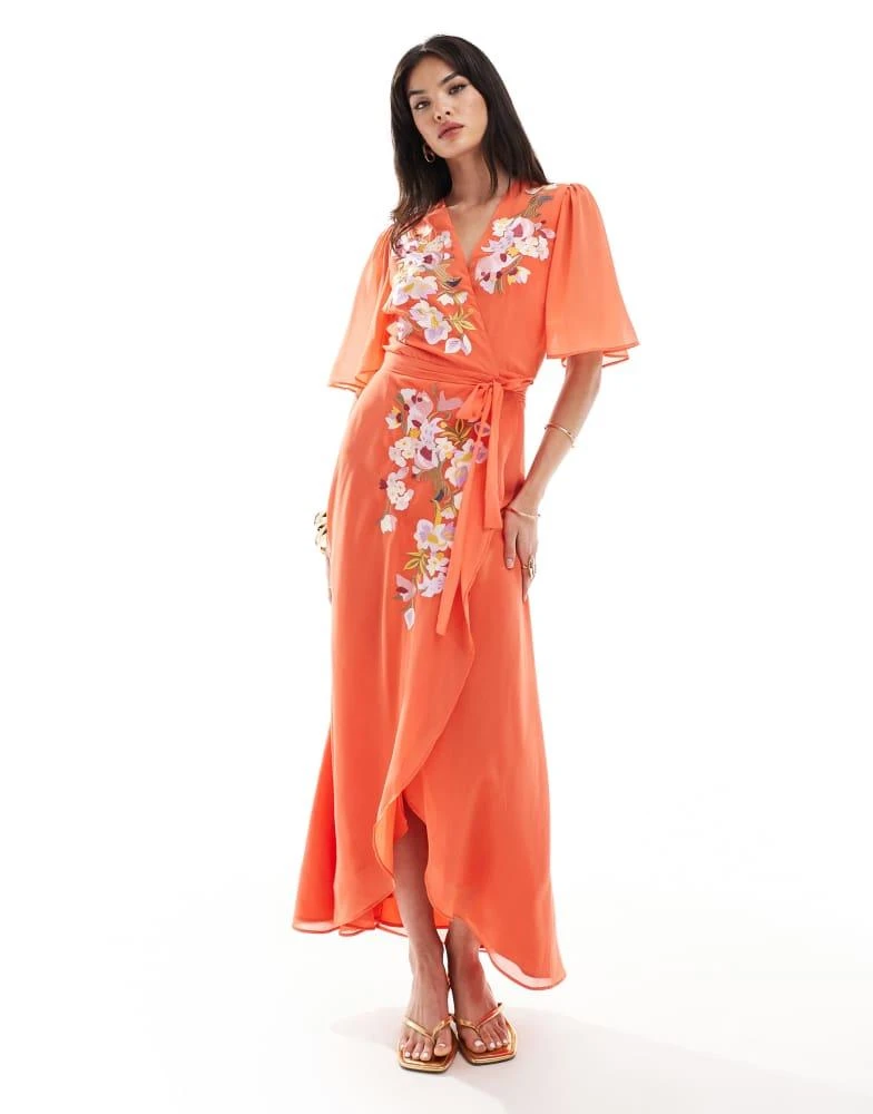 green emerald velvet dress Flutter Sleeve Floral Print Embroidered Wrap Maxi Dress in Blush Multi main image 0