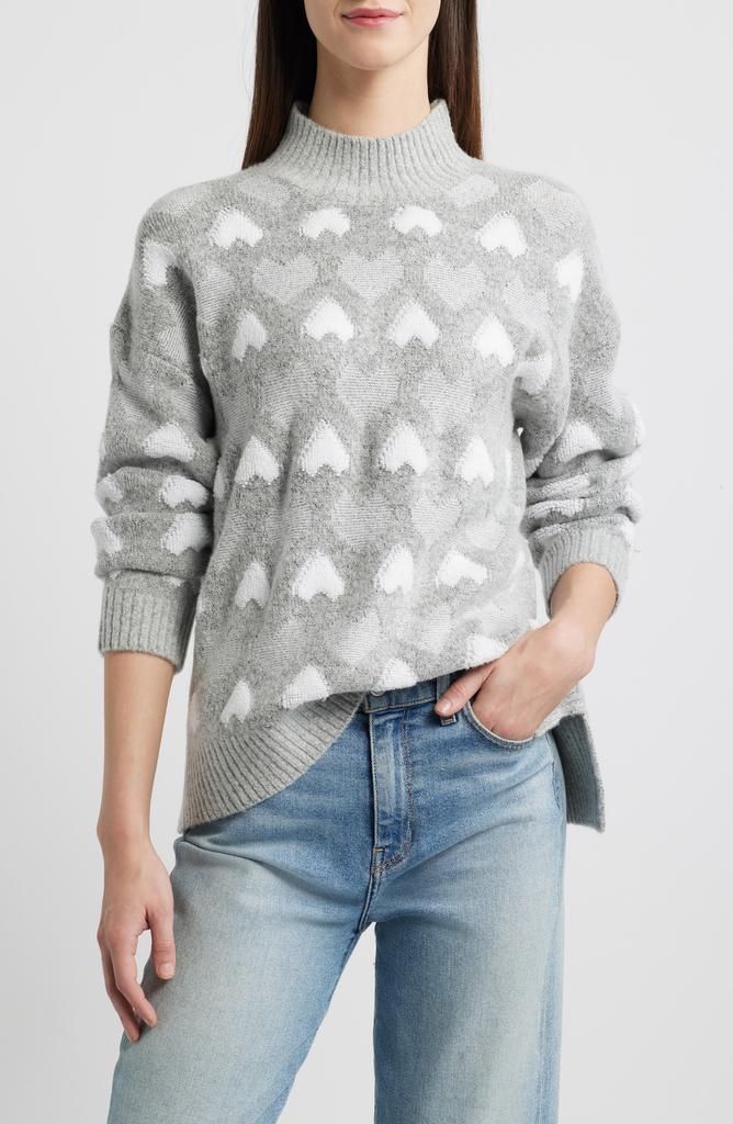 Bobeau Heart Jacquard Mock Neck Sweater
