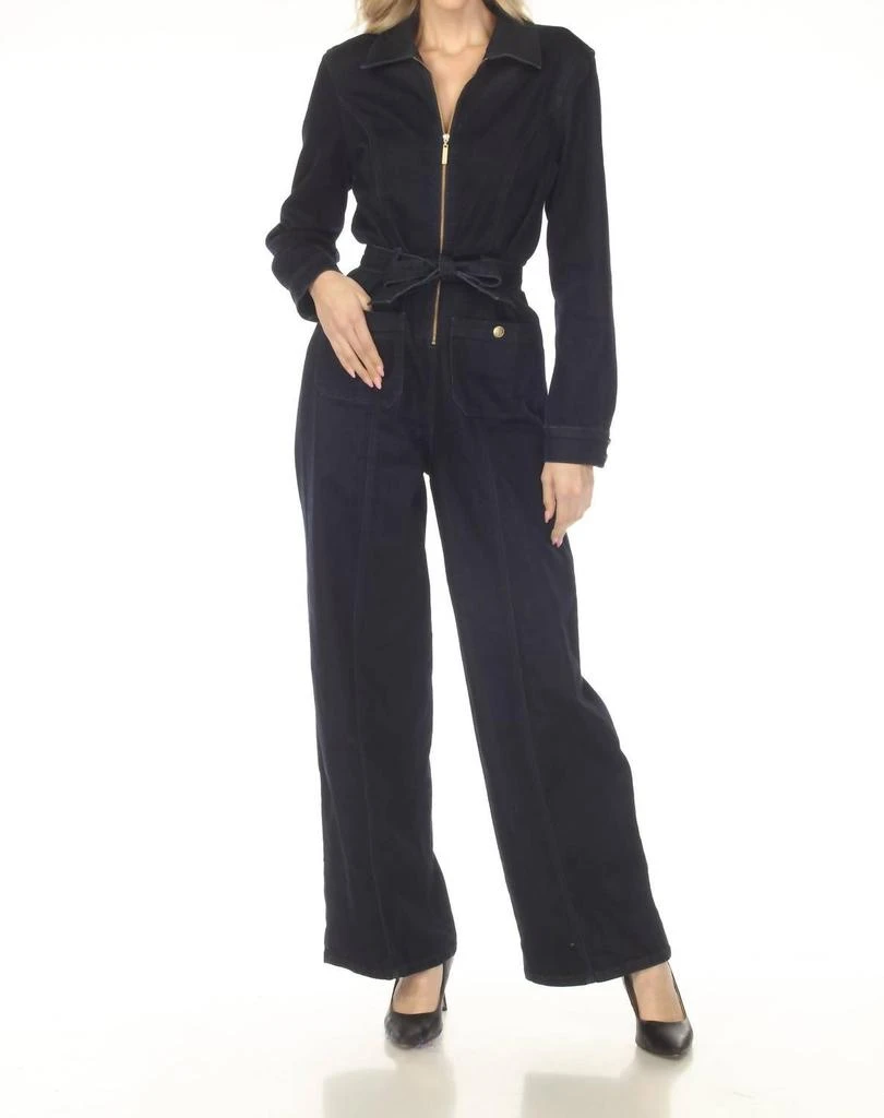 JOSEPH RIBKOFF Joseph Ribkoff - Zip Front Belted Denim Jumpsuit