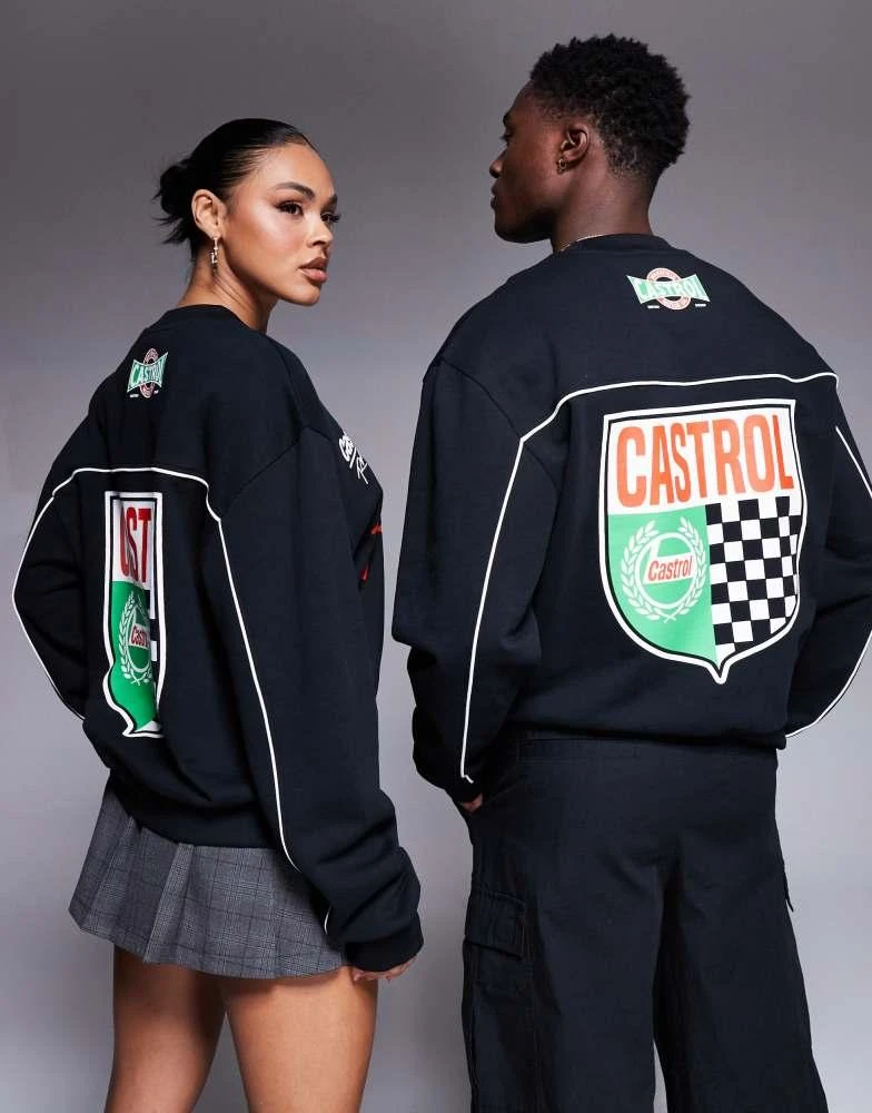 ASOS ASOS DESIGN unisex boxy oversized sweatshirt with piping detail and Castrol Racing prints in black 1