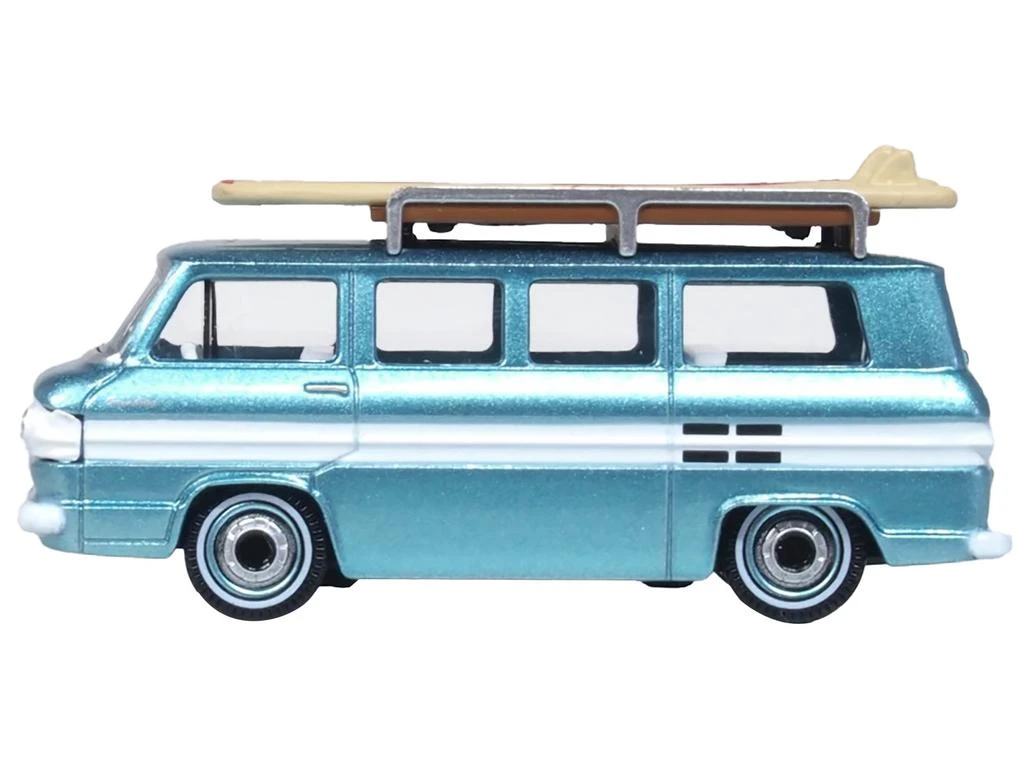 Oxford Diecast 1961 Chevrolet Corvair Greenbrier Passenger Wagon Van Turquoise Metallic and Cameo White with Surfboards on Roof 1/87 (HO) Scale Diecast Model Car by 2