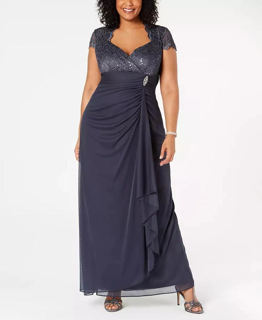 Betsy & Adam Plus Size Sequined-Lace Ruched Gown 1