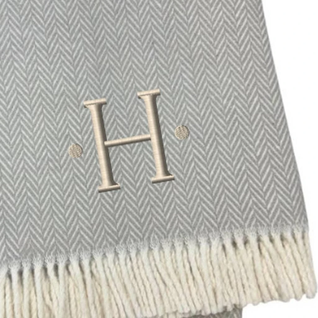 Hivvago 55" X 70" Gray And White Herringbone Cotton Blend H Initial Throw Blanket with Tassels And Embroidery 4