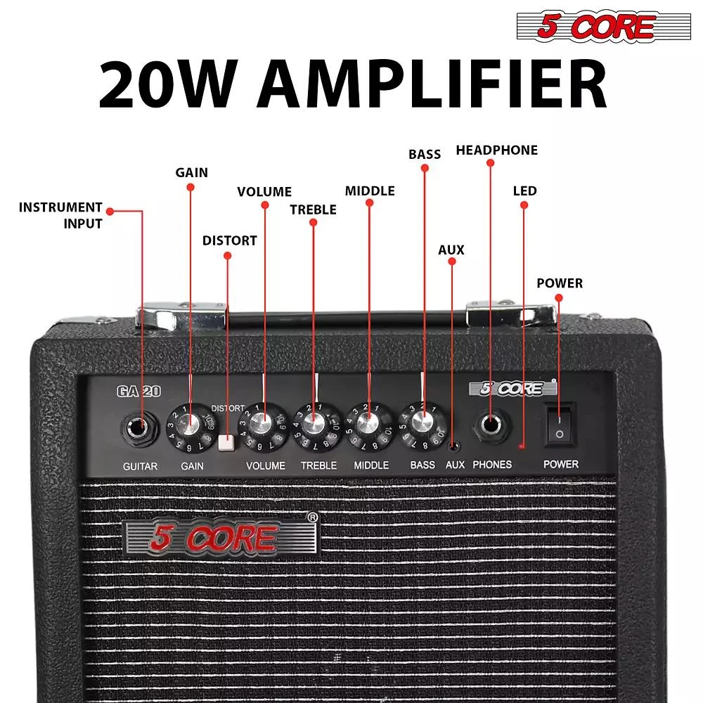 5 Core Guitar Amp 20W Electric Portable Mini Amplifier w Built in 6.5" Speaker Aux Headphone Jack 2