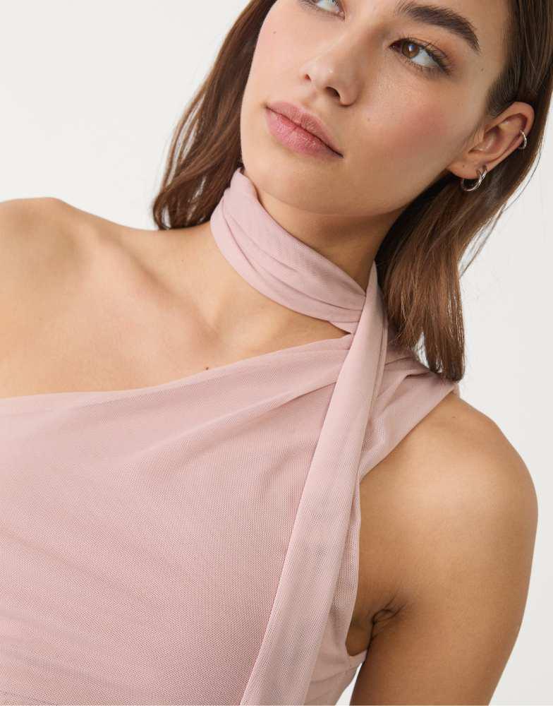 Stradivarius Stradivarius asymmetric tulle top with scarf in dusty rose
