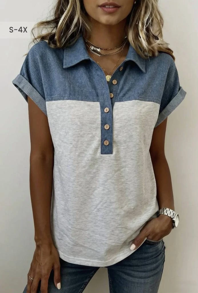 66DISCO Color Block Denim Patchwork Plus Size Polo Collar Top In Light Gray