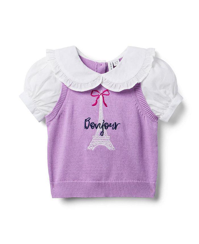 Janie and Jack Girls' Eiffel Tower Short Sleeve Sweater- Little Kid, Big Kid