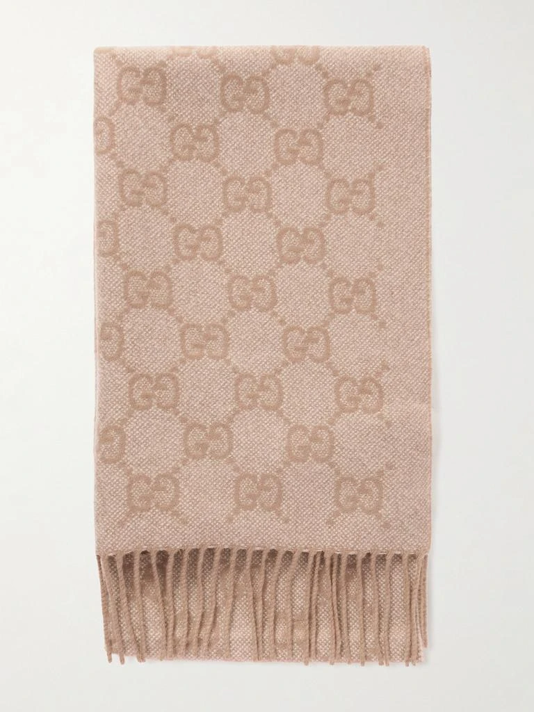 Gucci Fringed Logo-jacquard Metallic Cashmere-blend Scarf - Beige