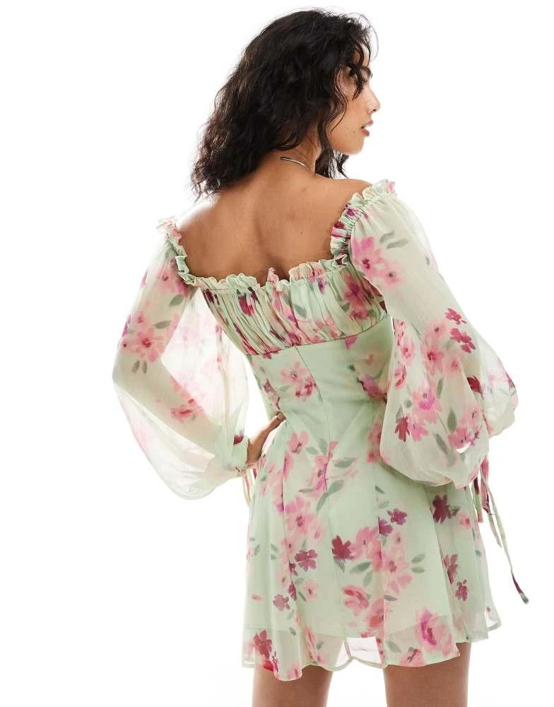 ASOS ASOS DESIGN frill neck long sleeve full godet skirt mini dress in watercolour floral 4
