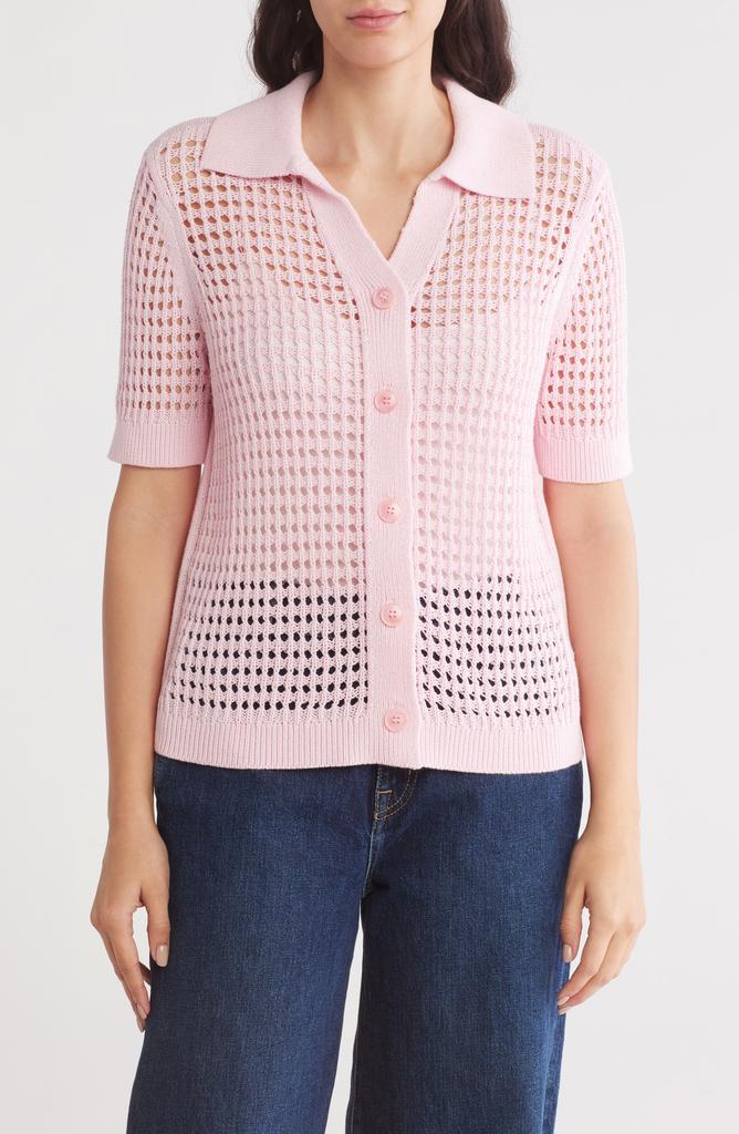 Design History Crochet Short Sleeve Button-Up Sweater