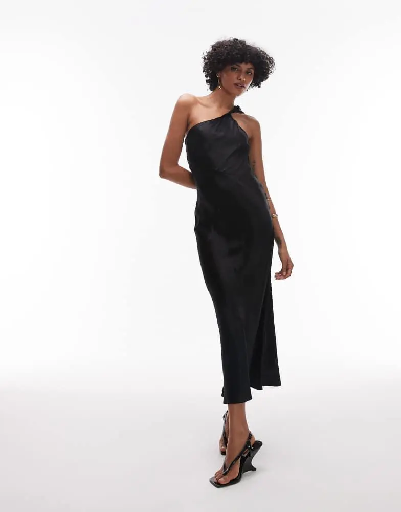 & Other Stories one shoulder satin midi dress with twisted strap detail in  black  On Sale Now with Up to 40% Off | Discover Exclusive Deals & Savings  at BeyondStyle