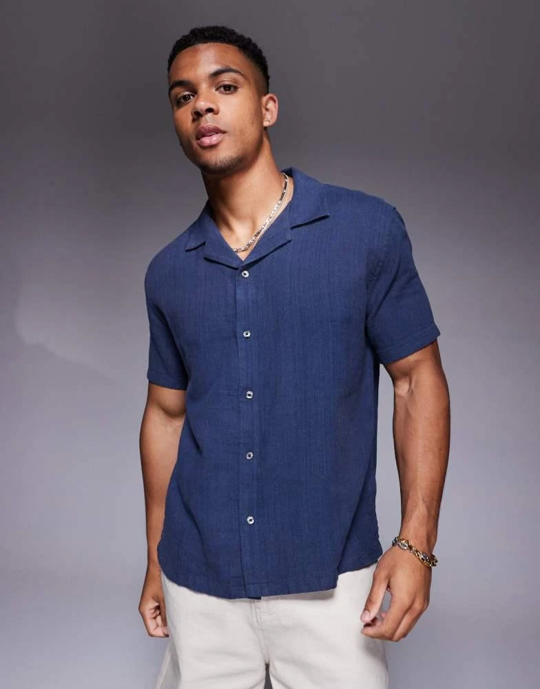 Abercrombie & Fitch short sleeve textured linen blend shirt in navy