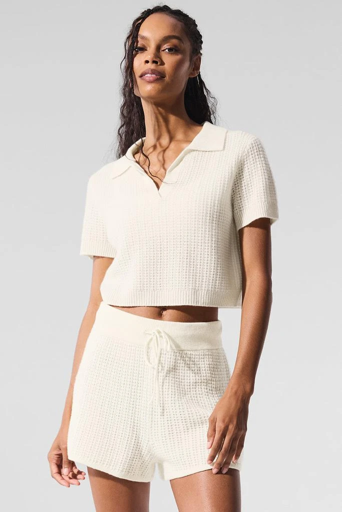 Alo Cashmere Plush Waffle Polo Tee - Ivory 4