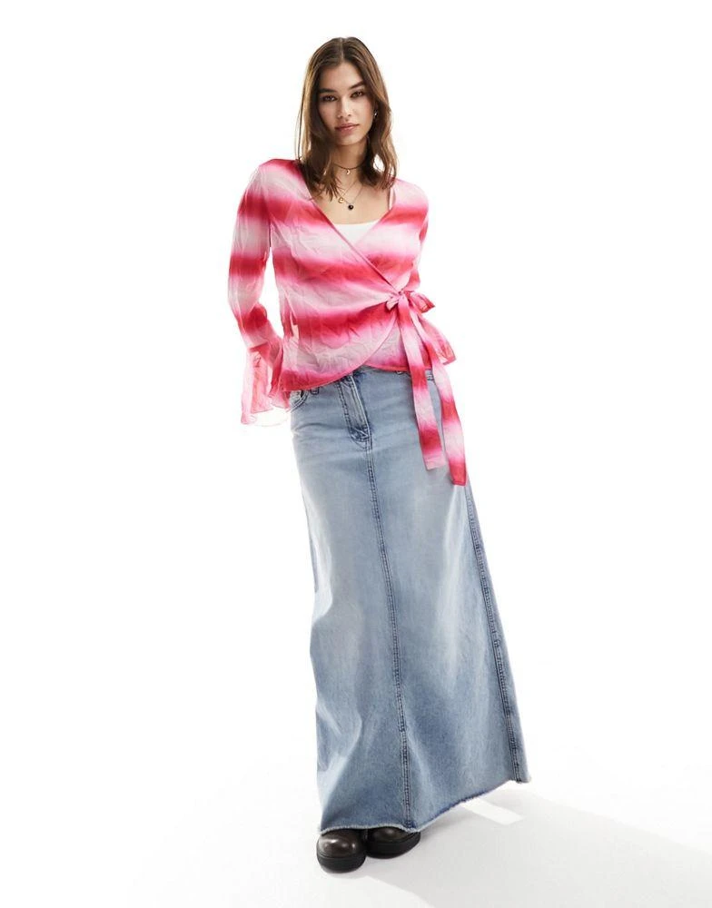 Monki Monki crinkle tie waist wrap blouse with fluted cuffs in in pink ombre print 3
