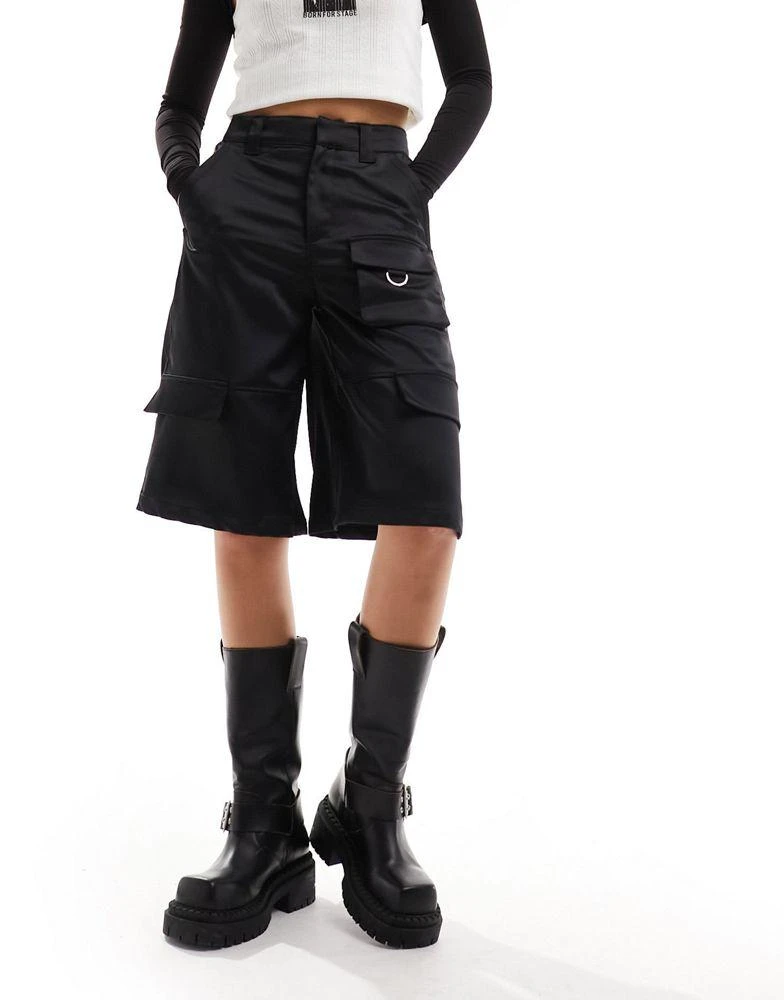 Bershka Bershka satin cargo longline shorts in black 5