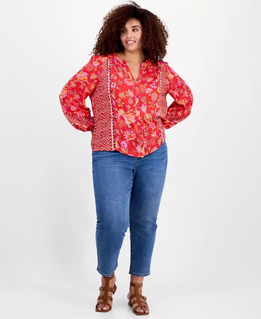 Liverpool Liverpool Plus Size Printed Blouson-Sleeve Button-Front Blouse