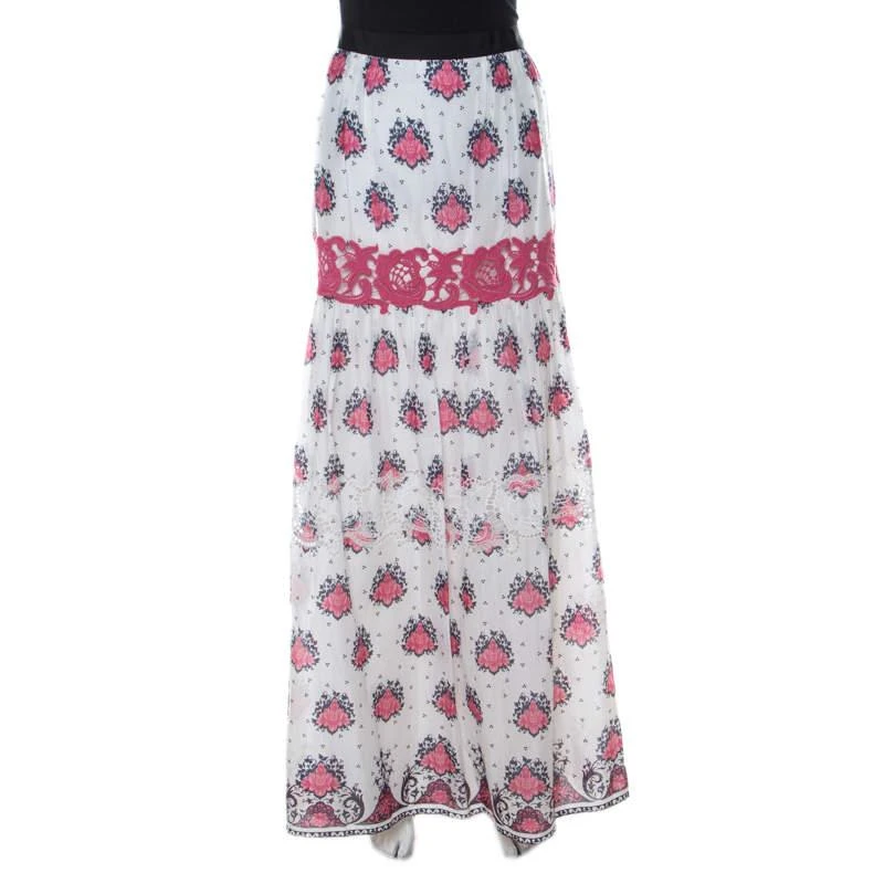 Philosophy di Alberta Ferretti Philosophy di Alberta Ferretti White & Pink Cotton Floral Print Lace Insert Maxi Skirt L 1