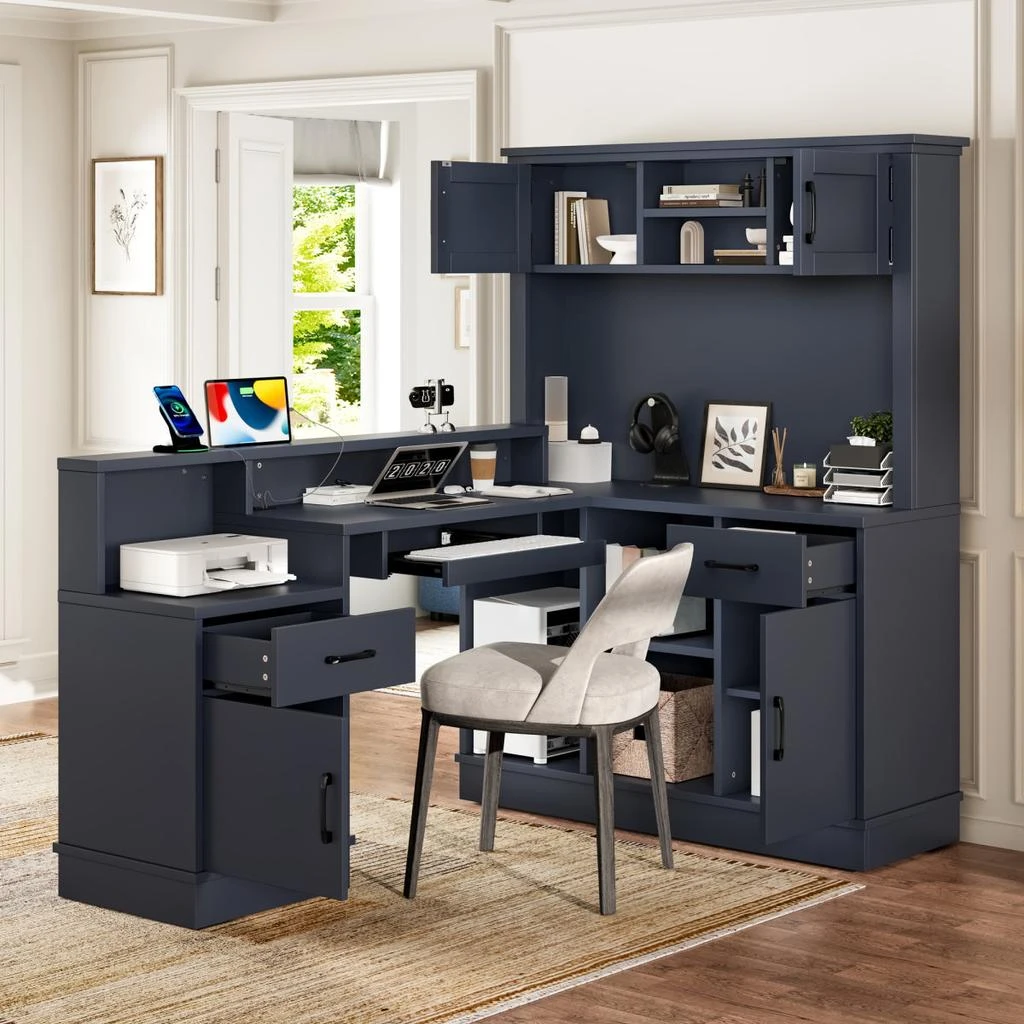 Streamdale Furniture Streamdale L-Shaped Computer Desk with Outlet, Drawers, Bookshelf, Blue 2