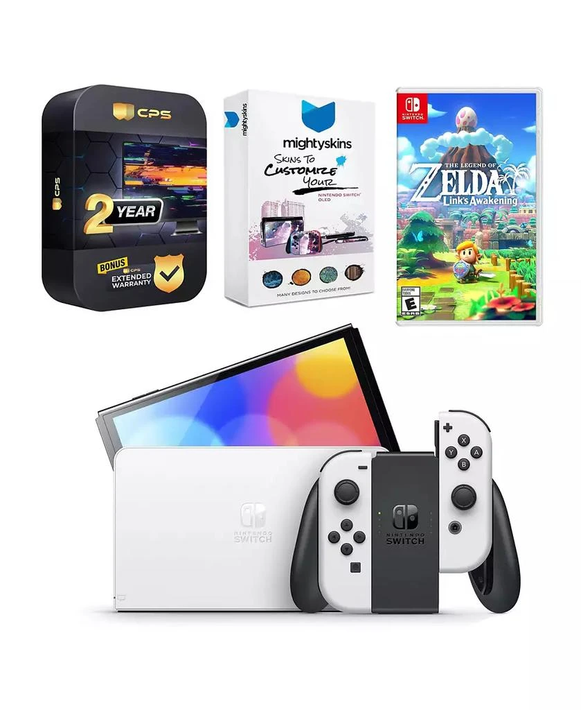 Nintendo Switch White OLED Console with The Legend of Zelda: Link
s Awakening, MightySkins Console and Controller Skin Voucher, and 2 Year CPS Extende