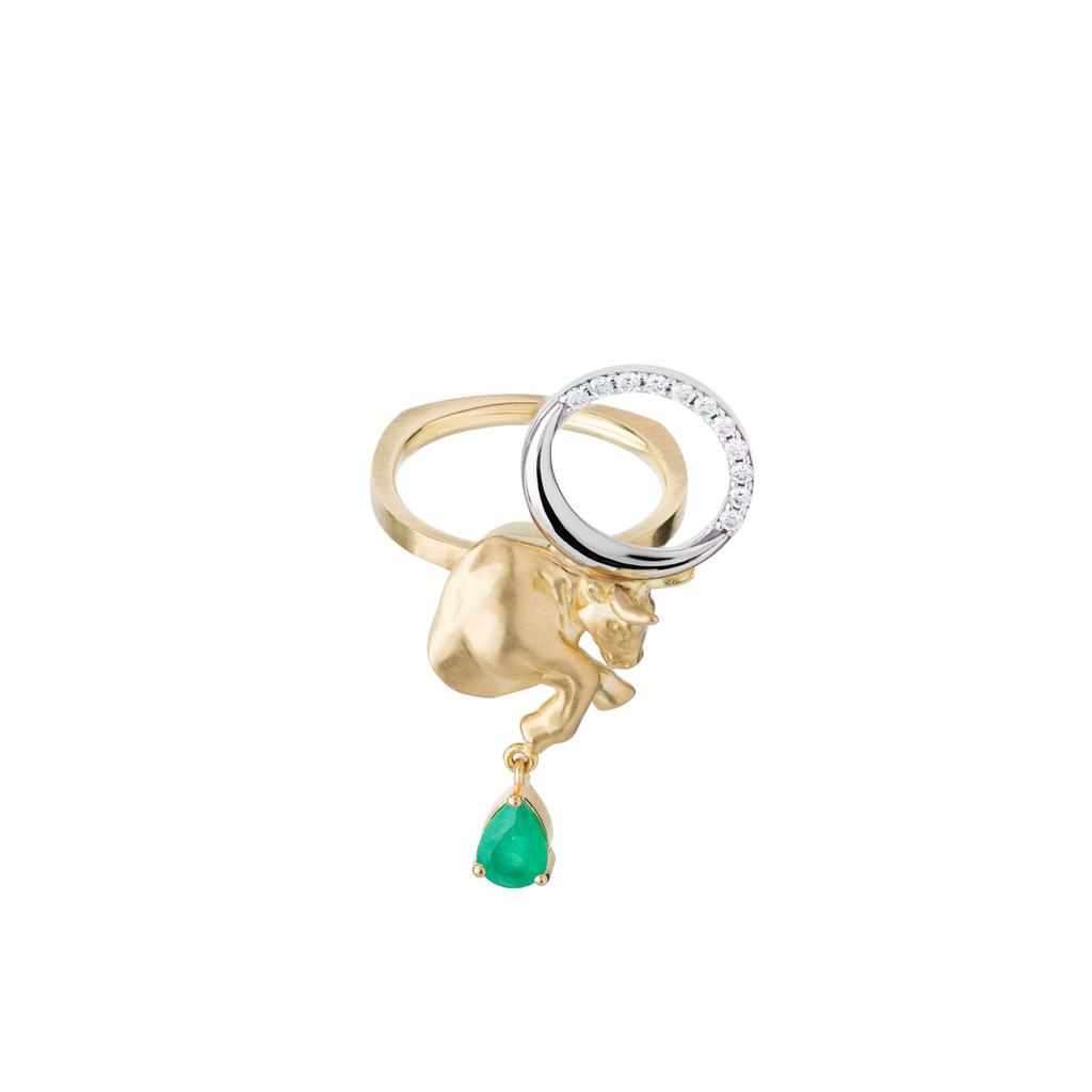 Mozafarian Emerald and diamond taurus ring