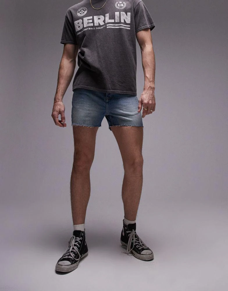 Topman Topman micro denim short with raw hem in light blue wash 1
