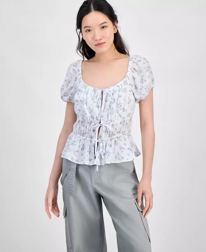 Hippie Rose Juniors' Shirred Tie-Front Peasant Top