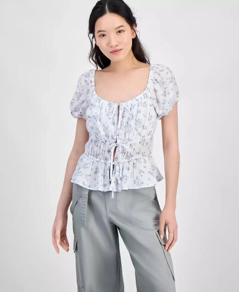 Hippie Rose Juniors' Shirred Tie-Front Peasant Top 1