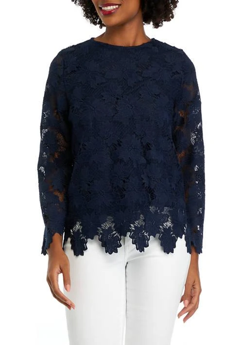 Rafaella Womens Scalloped Lace Long Sleeve Blouse 1