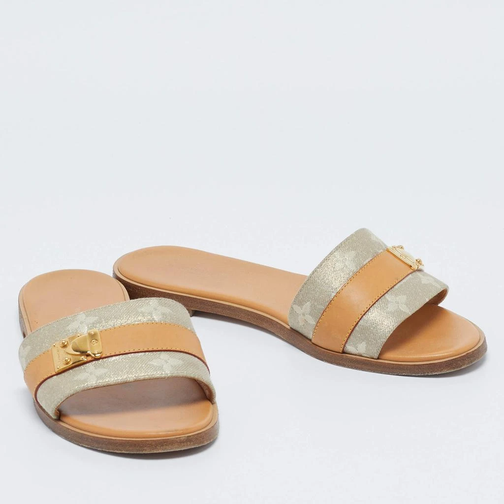 Louis Vuitton Louis Vuitton Brown/Beige Fabric and Leather Lock It Flat Sandals Size 37 4