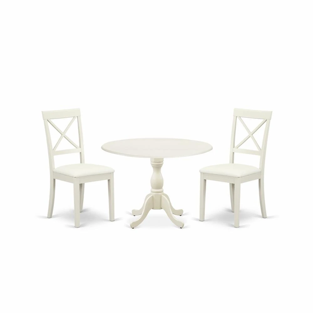 East West Furniture DMBO3-LWH-C 3 Piece Dinning Room Table Set Consists of 1 Drop Leaves Modern Dining Table and 2 Linen White Faux Leather Kitchen Chairs with X-Back - Linen White Finish 1