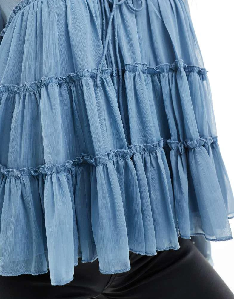 ASOS ASOS DESIGN tie front tiered blouse with ruffle cuffs in blue 3