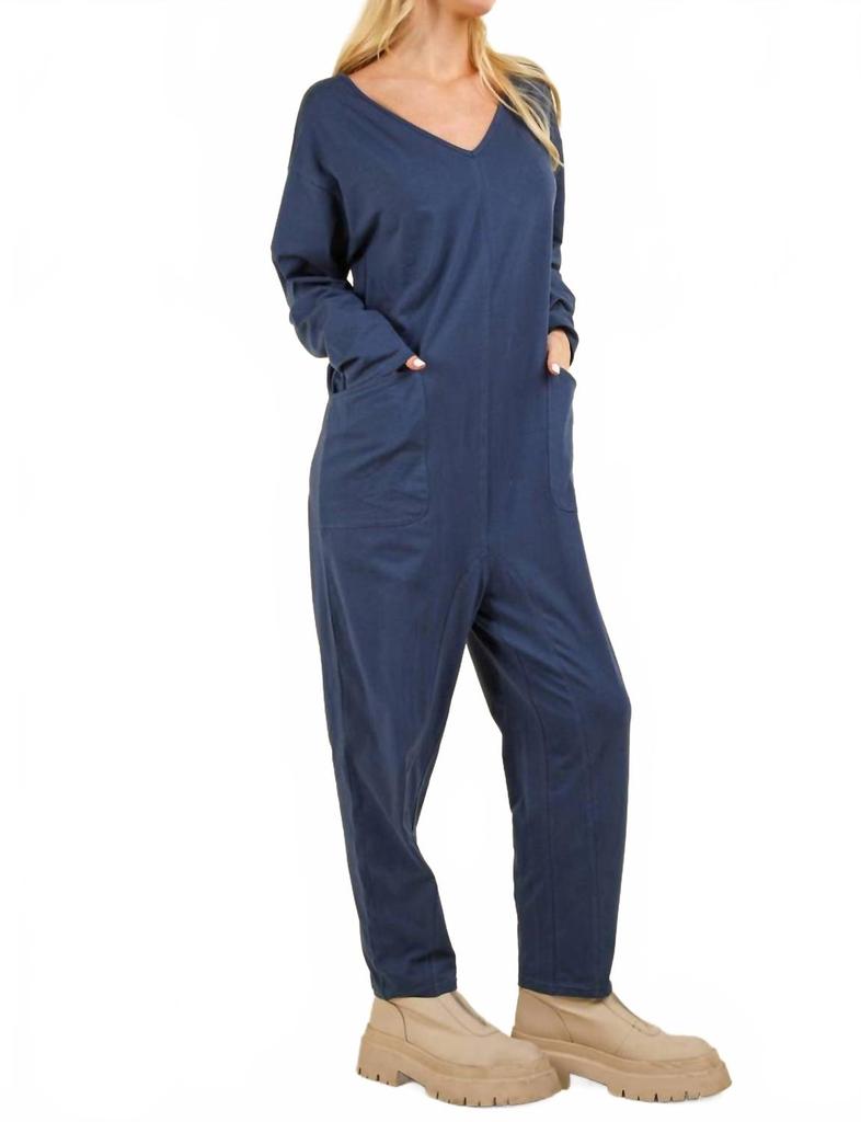 New In Solid Knit Baggy Jumpsuit In Blue