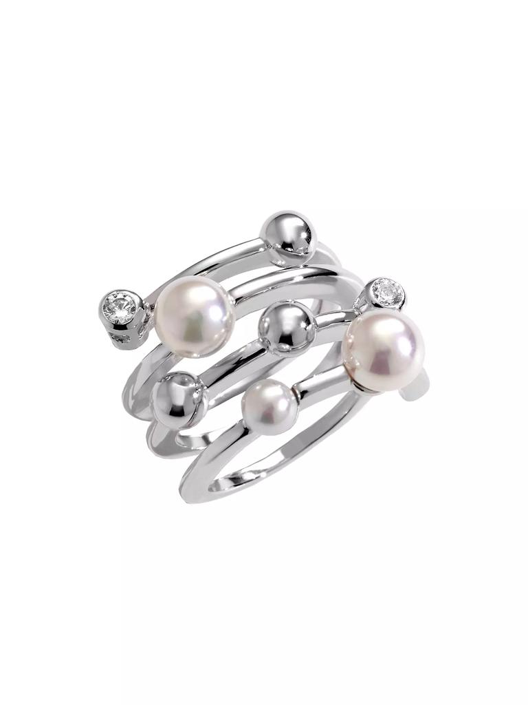 Majorica Planet Rhodium-Plated Silver, Cubic Zirconia & Faux White Pearl Spiral Ring