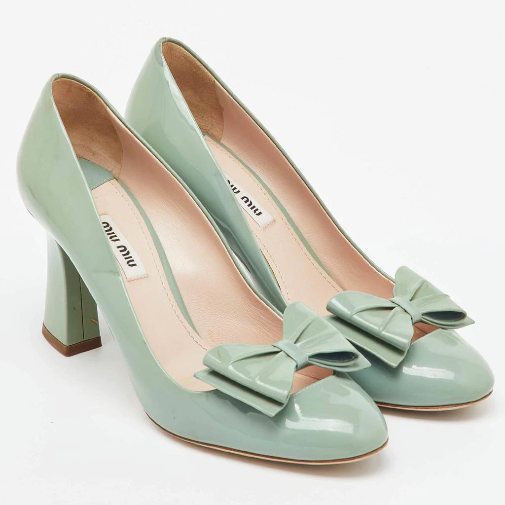Miu Miu Miu Miu Light Mint Green Patent Leather Bow Block Heel Pumps Size 38 4