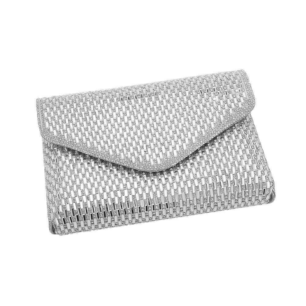 FASHNZFAB Elegant Baguette Round Stone Bling Studded Envelope Evening Clutch Crossbody Bag 2