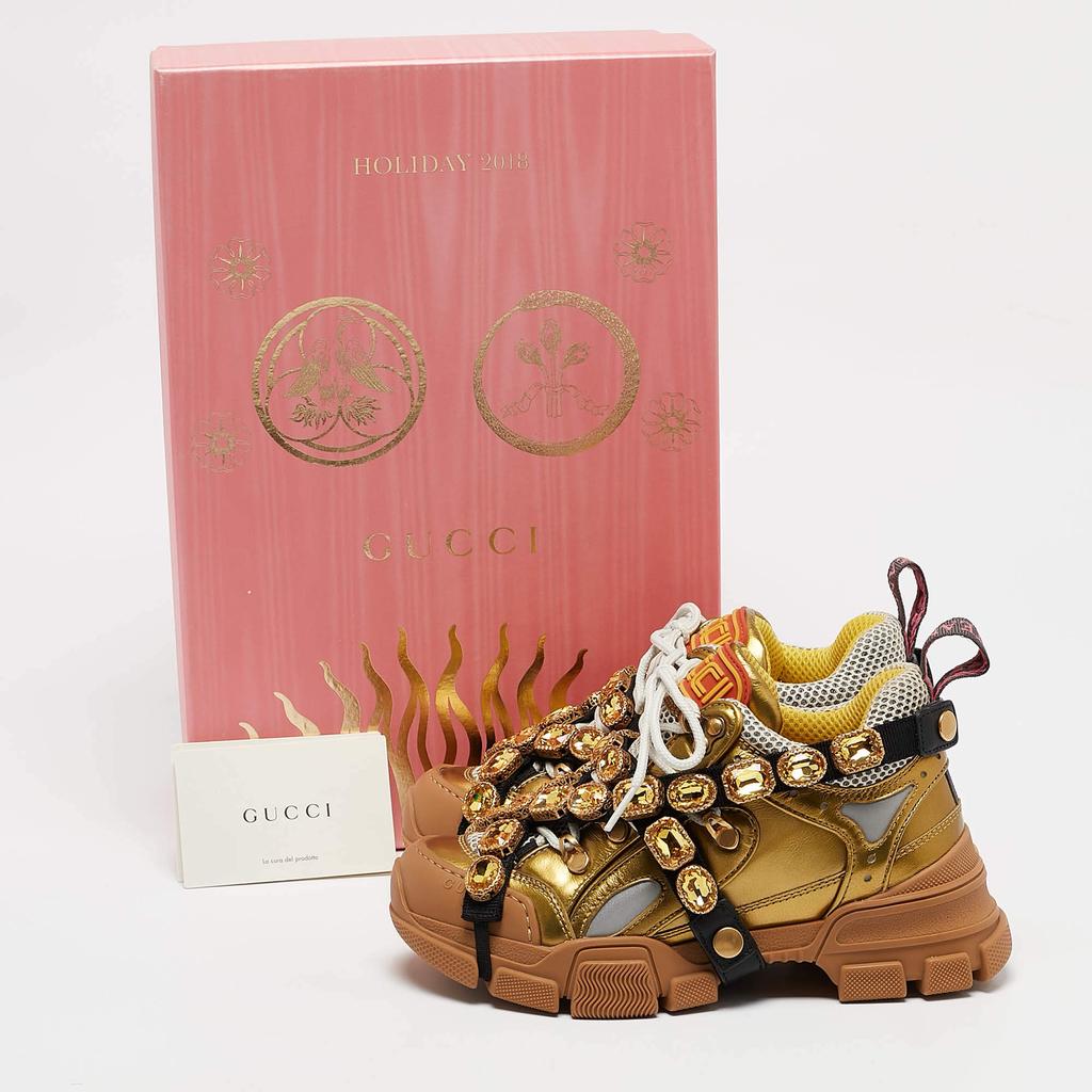 Gucci Gold Leather and Mesh Flashtrek Sneakers Size 35 – On Sale