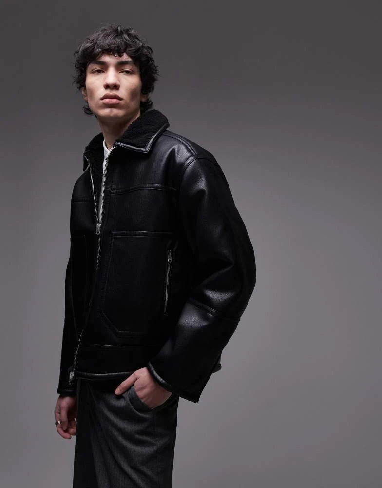 Topman Topman faux leather shearling jacket with pocket detail in black 1