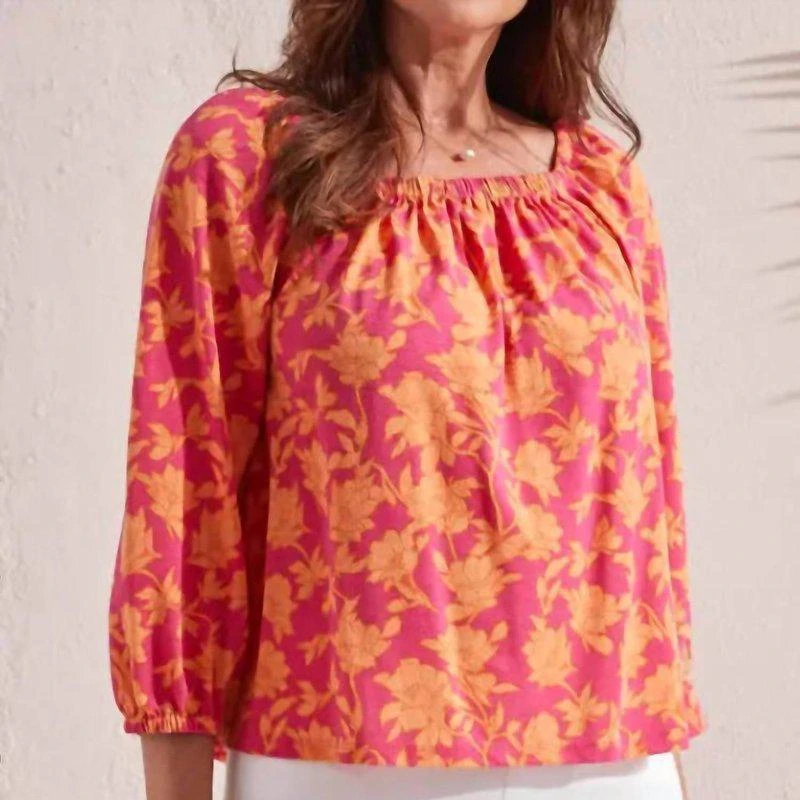 Tribal Three Quarter Sleeve Peasant Top In Raspberry 1