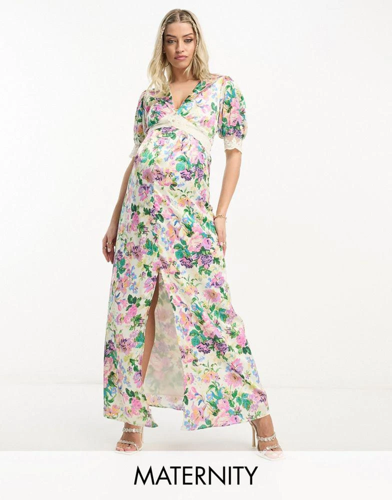Hope & Ivy Maternity Hope & Ivy Maternity ruffle wrap maxi dress in blue floral print 1