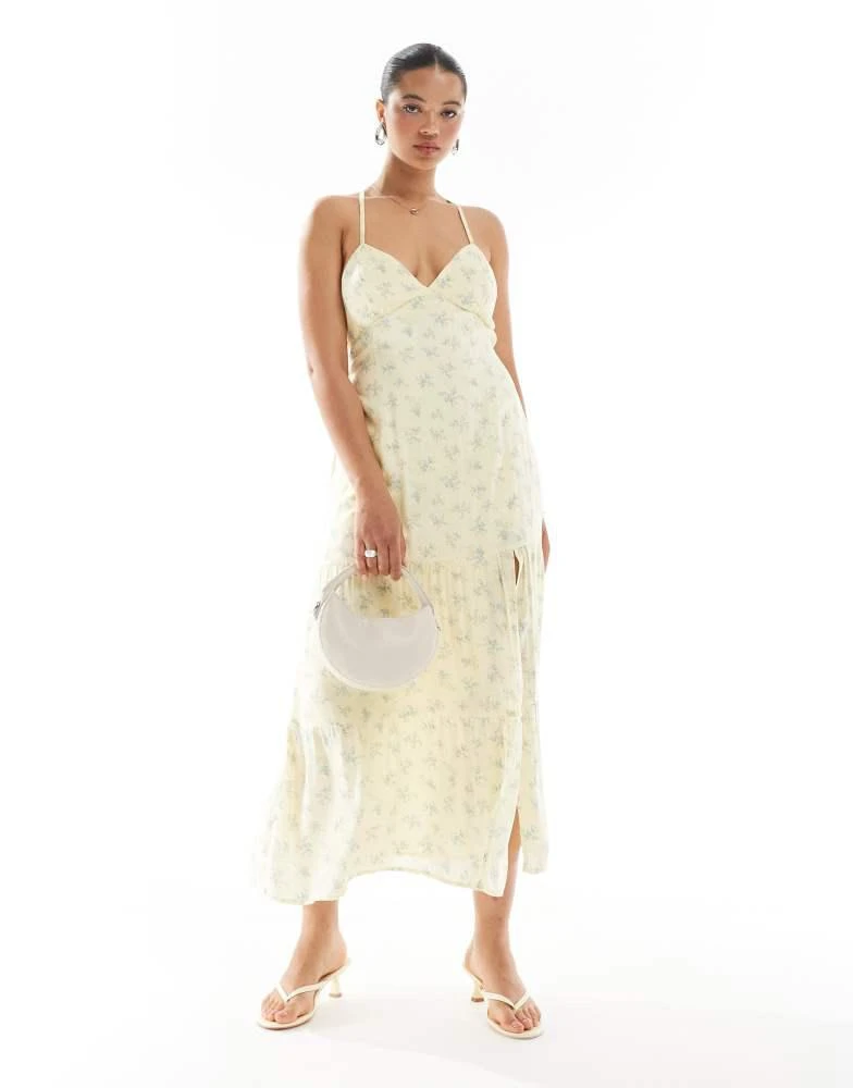 HOLLISTER Hollister open back maxi dress with thigh split in yellow ditsy floral print 1